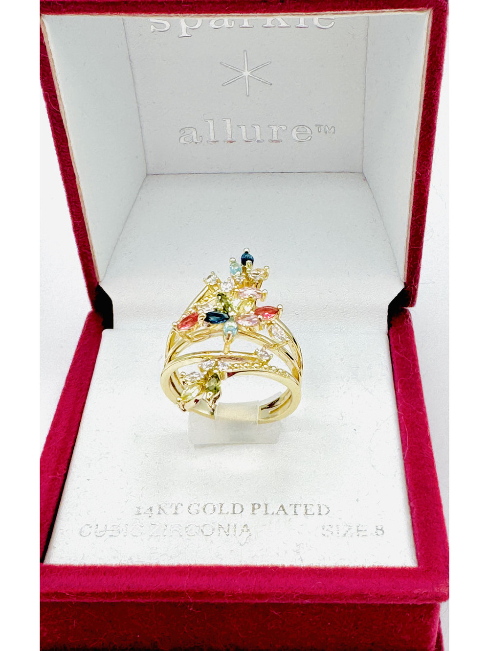 NIB Sparkle Allure 14k gold plated brass CZ and floral multi color crystals ring